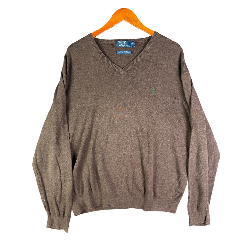 Polo Ralph Lauren V Neck‎ 100% Pima Cotton Sweater Brown Green Logo Mens 2XL EUC